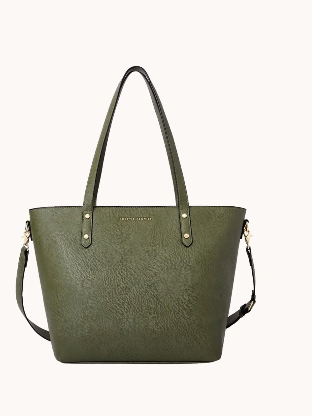Poppy & Peonies Olive Green Leather Tote with Detachable Strap